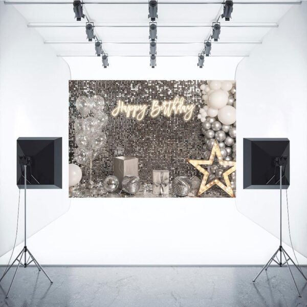 Aperturee 7x5ft Silver Shimmer Wall Happy Birthday Backdrop Shining Sequins hite Balloons Star Light Disco Background Sweet 16 18th 21st 30th 40th 50th Party Decorations Prom Party Decor - Image 2