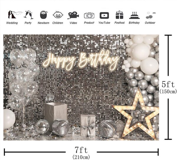 Aperturee 7x5ft Silver Shimmer Wall Happy Birthday Backdrop Shining Sequins hite Balloons Star Light Disco Background Sweet 16 18th 21st 30th 40th 50th Party Decorations Prom Party Decor - Image 4