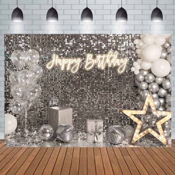 Aperturee 7x5ft Silver Shimmer Wall Happy Birthday Backdrop Shining Sequins hite Balloons Star Light Disco Background Sweet 16 18th 21st 30th 40th 50th Party Decorations Prom Party Decor