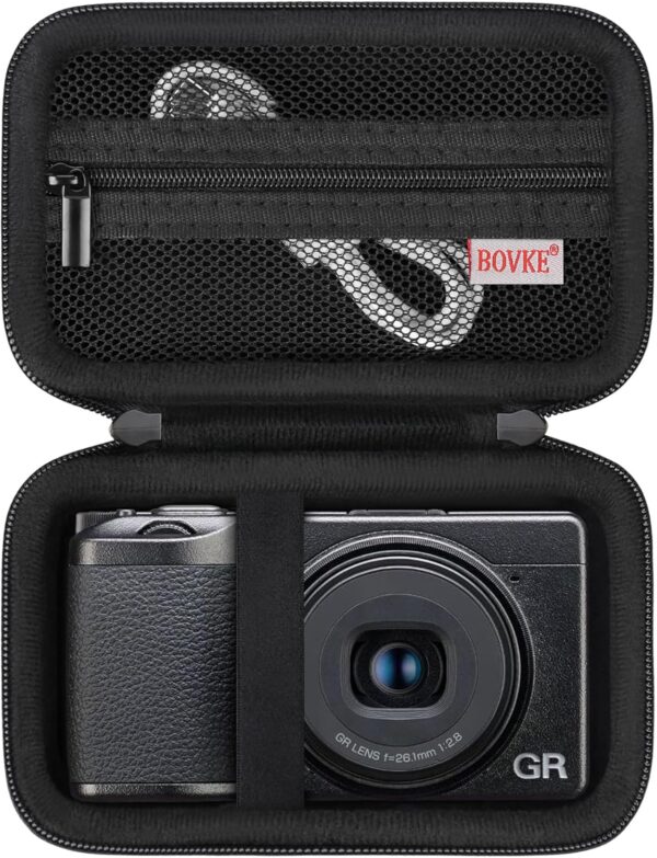 BOVKE Carrying Case Compatible with Ricoh GR IIIx HDF/GR IIIx/Ricoh GR III HDF/GR III Digital Camera, Extra Mesh Pocket for Charging Cables and Accessories, Black